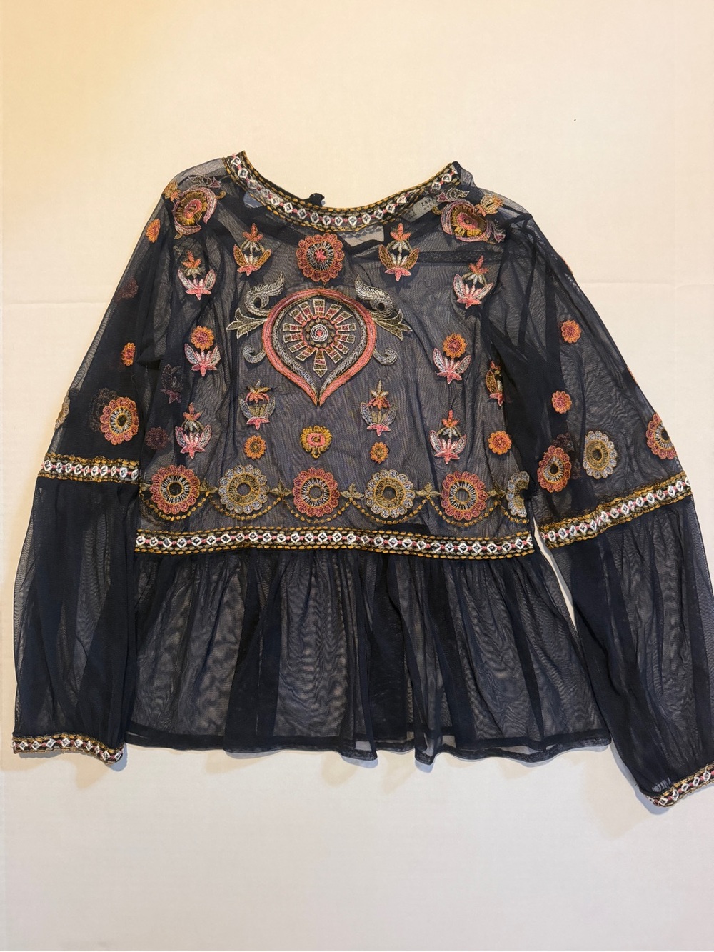Embroidered Navy Sheer Peplum Blouse